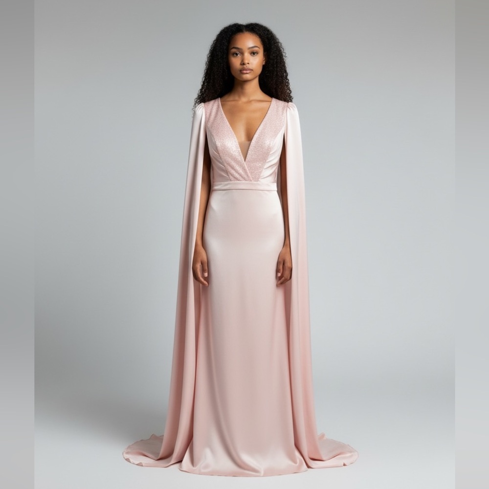 Chiclody - Pink Floor-Length Gown (Cape Sleeves) - Elegant‎ Formal Dress